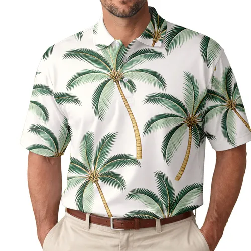 Green Coconut Palm Leaves For Resort Vacation Travel And Coastal Golf Wear For Men Men's Polo Shirt