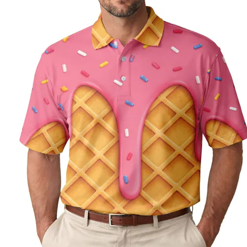 Strawberry Frosting Waffle Cone Ice Cream Look for Golf Days and Resort Casual Wear Men's Polo Shirt