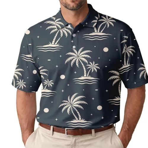 Ivory Palm Trees, Moon And Ocean Waves For Tropical Resort Evenings And Beach Travel Men's Polo Shirt