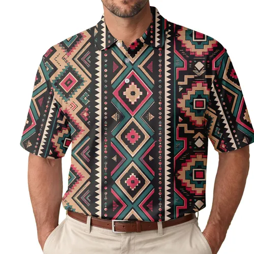 Teal Raspberry Geometric Stripe Motifs For Casual Weekends, Festivals, And Everyday Wear Men's Polo Shirt