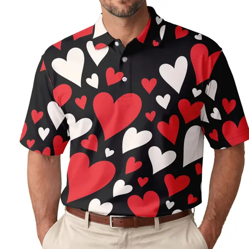 Scarlet Red And White Hearts For Romantic Dates, Parties And Everyday Casual Wear Men's Polo Shirt