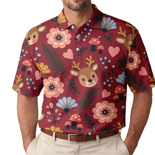 Cheerful Woodland Deer Hearts And Mushrooms For Christmas Winter Romance Gift Giving Men's Polo Shirt