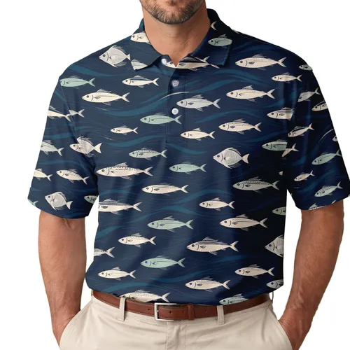 Navy Ocean Fish Motif For Coastal Resort Golf And Casual Weekend Wear Men's Polo Shirt