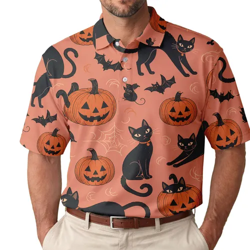 Black Cat And Jack O Lantern Halloween All Over Style For Fall Parties And Cat Lovers Men's Polo Shirt