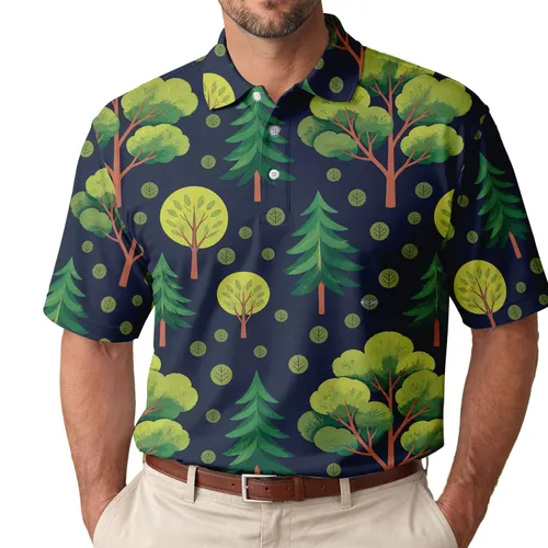 Green Woodland Trees on Midnight Navy for Summer Outdoor Adventures and Nature Lovers Men's Polo Shirt