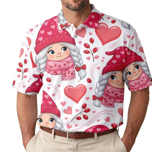 Valentine Gnome Girls With Hearts For Winter Date Nights And Gift Giving Men's Polo Shirt