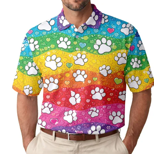 Rainbow Dog Paw Mosaic for Pride Festivals, Dog Walks, and Pet Lover Birthday Gifts Men's Polo Shirt
