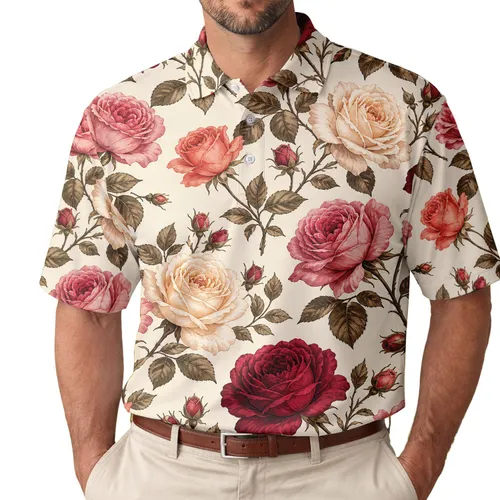 Vintage Burgundy Rose Garden Floral For Romantic Spring Events And Everyday Wear Men's Polo Shirt
