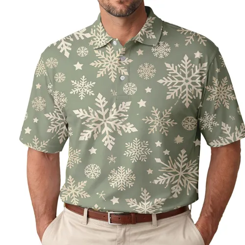 Dusty Sage Ivory Snowflakes for Christmas Gatherings, Winter Travel, and Gift Giving Men's Polo Shirt
