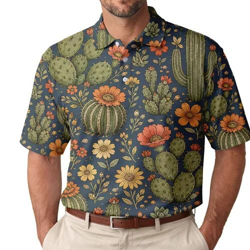 Vintage Cactus And Wildflower Garden For Desert Vacations And Casual Weekend Wear Men's Polo Shirt