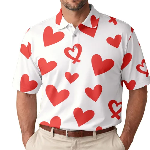 Vermilion Red Hand Drawn Hearts for Valentine's Day Casual Outfits and Everyday Style Men's Polo Shirt