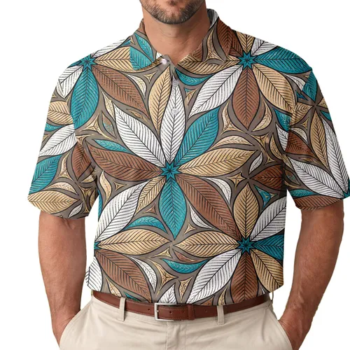 Turquoise Botanical Rosette Lattice For Resort Travel And Casual Weekend Wear For Men Men's Polo Shirt