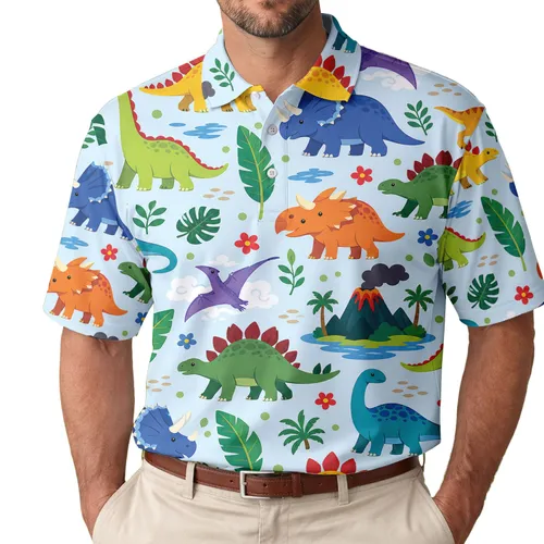Colorful Tropical Dinosaur Motifs For Beach Vacations, Zoo Trips And Dino Lovers Men's Polo Shirt