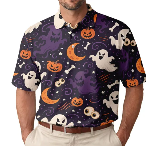 Friendly Ghosts Pumpkins And Crescent Moons For Halloween Parties And Spooky Night Outfits Men's Polo Shirt
