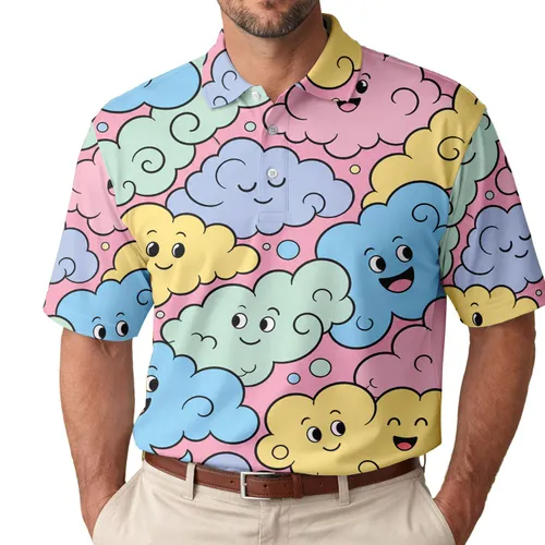 Smiling Pastel Cloud Characters For Beach Days, Festivals And Playful Casual Style Men's Polo Shirt