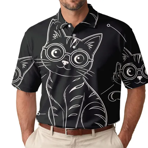 Spectacled Sitting Cat Line Art For Everyday Streetwear And Cat Lovers Men's Polo Shirt