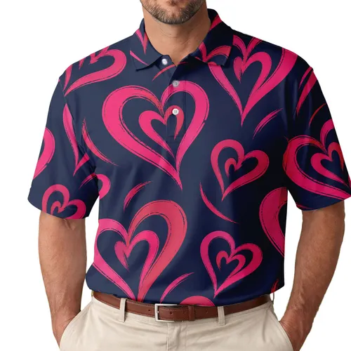 Pink Brushstroke Hearts for Valentine's Day Date Nights and Romantic Everyday Style Men's Polo Shirt