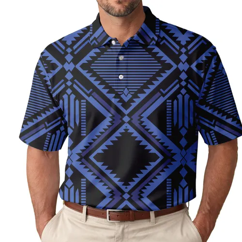 Blue Black Western Geometric Lattice For Ranchwear Nights And Casual Outings Men's Polo Shirt