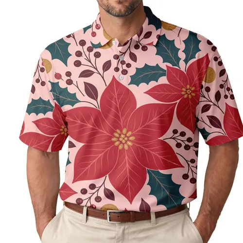 Crimson Poinsettia Holly Botanical Christmas Holiday Party Wear For Men And Women Men's Polo Shirt
