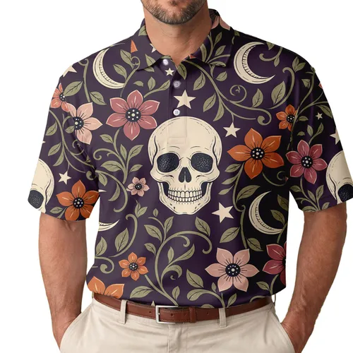 Gothic Skull Moon Floral Celestial Motif for Halloween Parties and Alternative Style Fans Men's Polo Shirt