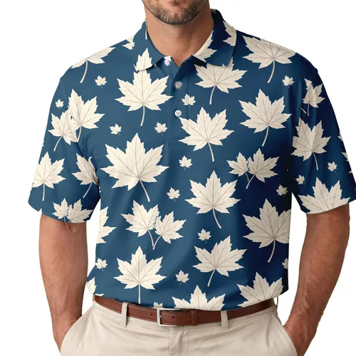 Ivory Maple Leaves On Petroleum Blue For Men's Coastal Resort Vacation Casual Wear Men's Polo Shirt