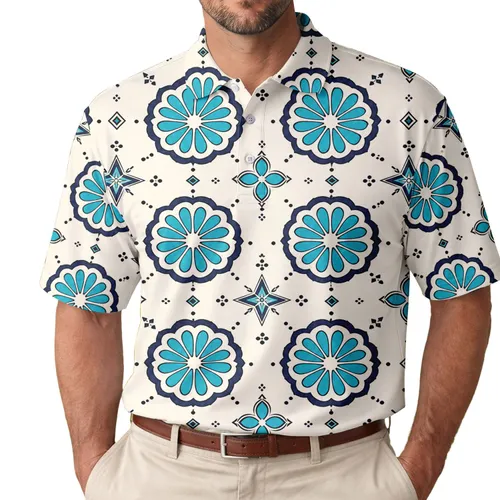 Turquoise Botanical Rosette Tile for Resort Travel, Golf, and Smart Casual Menswear Men's Polo Shirt