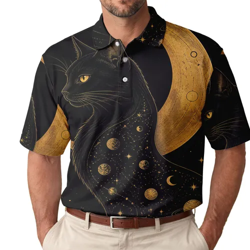Black Cat And Crescent Moon Celestial Nightwear For Witchy Gothic Style Enthusiasts Men's Polo Shirt