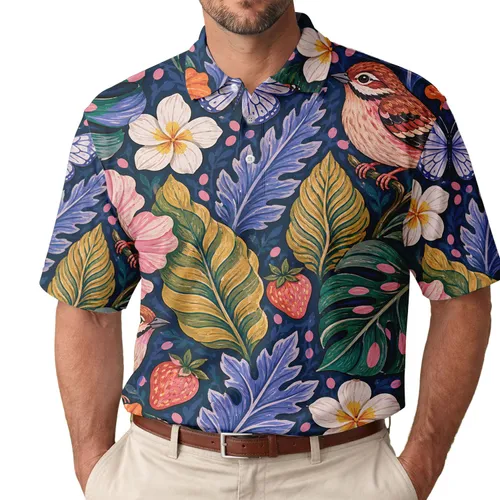 Tropical Garden Birds And Flowers For Resort Wear, Vacation Outfits, Nature Lovers Men's Polo Shirt