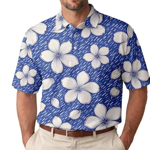 Blue And White Tropical Floral Coastal Style For Beach Vacations And Resort Weekends Men's Polo Shirt