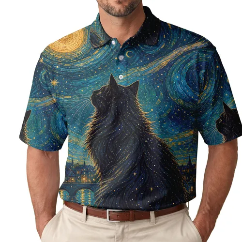 Black Cat Under A Moonlit Starry Sky Townscape For Celestial Style And Evening Outings Men's Polo Shirt