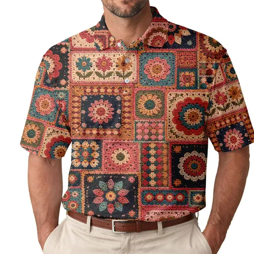 Colorful Crochet Granny Square Patchwork for Retro Festivals, Travel and Casual Wear Men's Polo Shirt