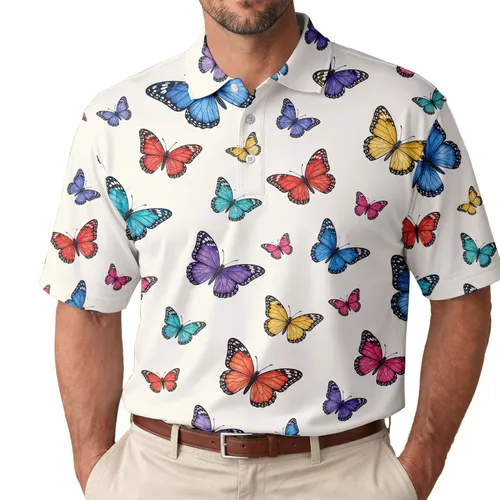 Colorful Butterfly Garden Motif For Beach Holidays, Resort Wear, And Everyday Style Men's Polo Shirt