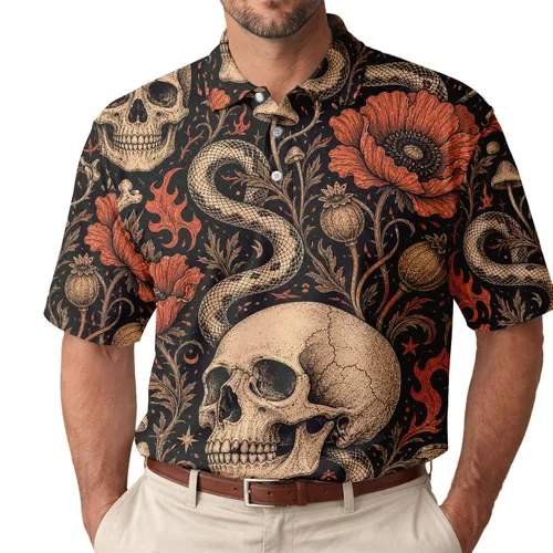 Vintage Skull Snake And Poppy Tattoo Flash Goth Streetwear For Alternative Style Lovers Men's Polo Shirt
