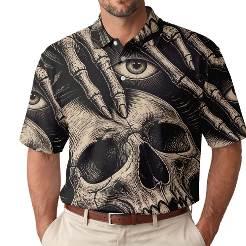 Black Ivory Skull And Skeletal Hand Eye Gothic Punk Streetwear For Alternative Fans Men's Polo Shirt