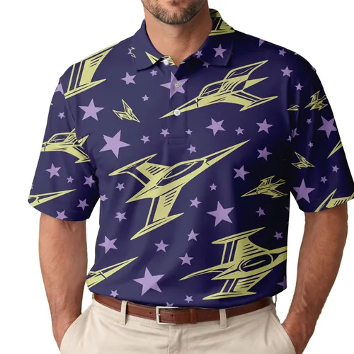 Retro Space Gliders And Lilac Stars For Casual Nights And Weekend Getaways For Men Men's Polo Shirt