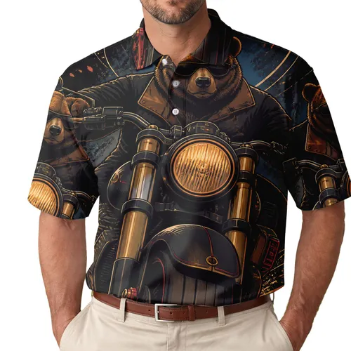 Sunglasses Bear Biker On Retro Motorcycle For Night Rides And Streetwear Style Fans Men's Polo Shirt