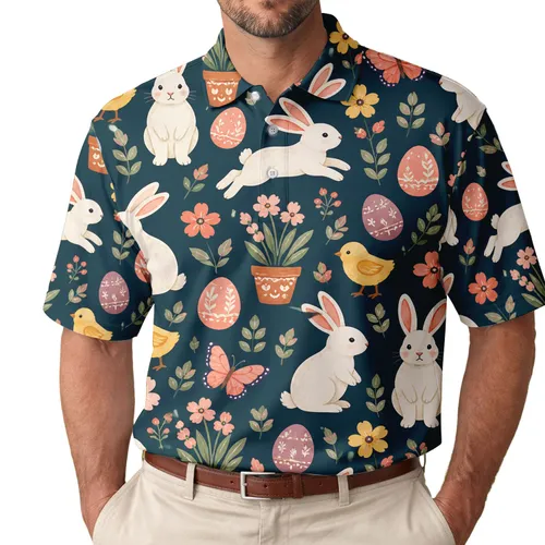 Spring Easter Rabbits Chicks And Floral Motifs For Garden Parties And Weekend Outings Men's Polo Shirt