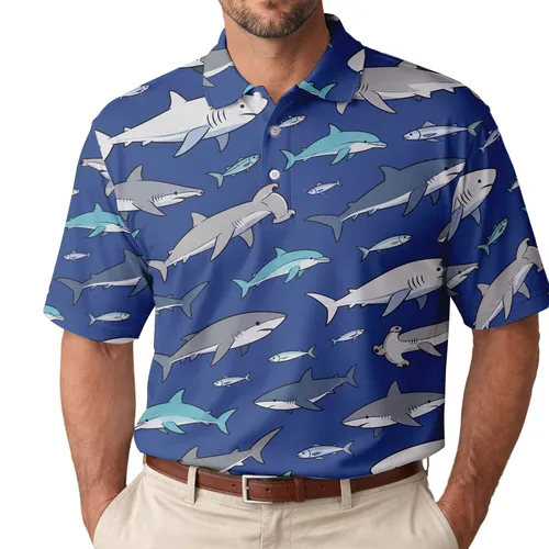 Ocean Sharks And Dolphins For Beach Travel, Boating And Coastal Summer Style Enthusiasts Men's Polo Shirt