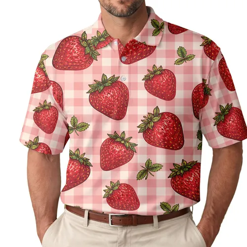 Vintage Strawberry Gingham Picnic Style For Summer Casual Wear Men's Polo Shirt