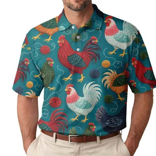 Colorful Folk Chickens And Yarn Balls For Casual Weekends And Farmhouse Style Men's Polo Shirt