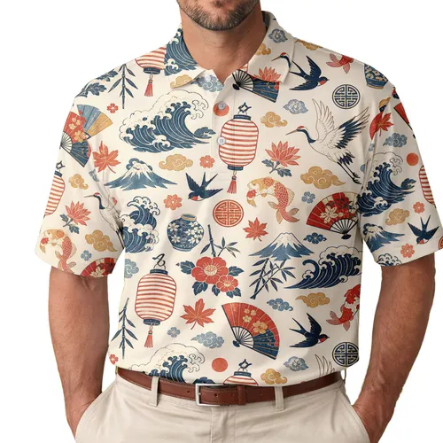 Japanese Festival Lanterns And Koi For Summer Travel And Leisurely Resort Outings Men's Polo Shirt
