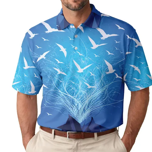 Flying Seabirds And Open Mind Sky Scene For Casual Dates And Creative Everyday Wear Men's Polo Shirt