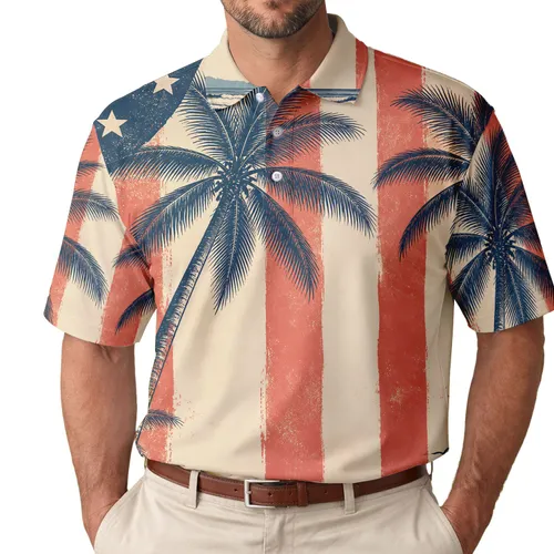 Vintage Palm Trees Coastal Americana Resort Style For Beach Vacations And Cruises Men's Polo Shirt