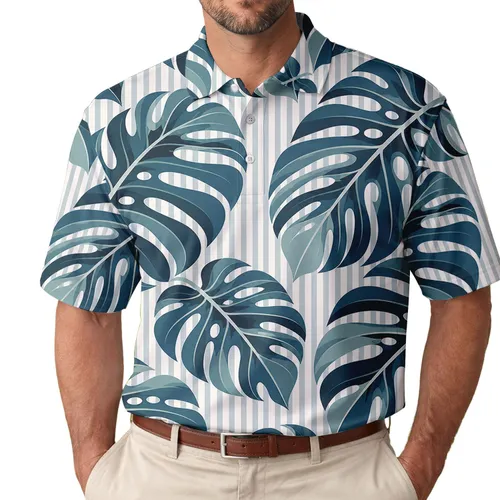 Blue Teal Monstera Leaf Botanical for Coastal Resort Vacations and Tropical Getaways Men's Polo Shirt