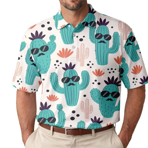 Turquoise Cactus Sunglasses Desert Festival Wear For Men Retro Southwestern Summer Style Men's Polo Shirt