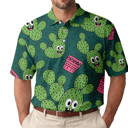 Smiling Cactus And Pink Pot Motifs For Beach Getaways, Summer Dates, And Him For Casual Wear Men's Polo Shirt