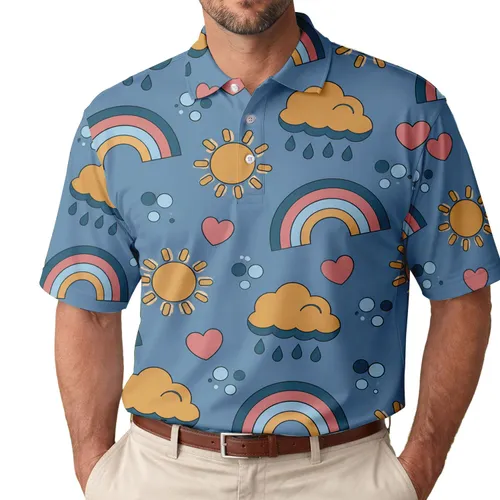 Retro Rainbow Clouds, Raindrops And Hearts For Cheerful Beach Days And Weekend Events Men's Polo Shirt