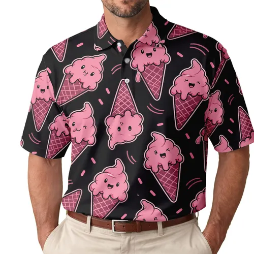 Pink Smiling Ice Cream Cones for Summer Parties, Beach Trips, and Sweet Treat Fans Men's Polo Shirt