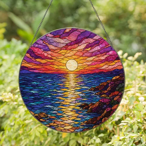 Stained Glass Coastal Sunset Ocean View for Beach House Window Decor Stained Glass Suncatcher