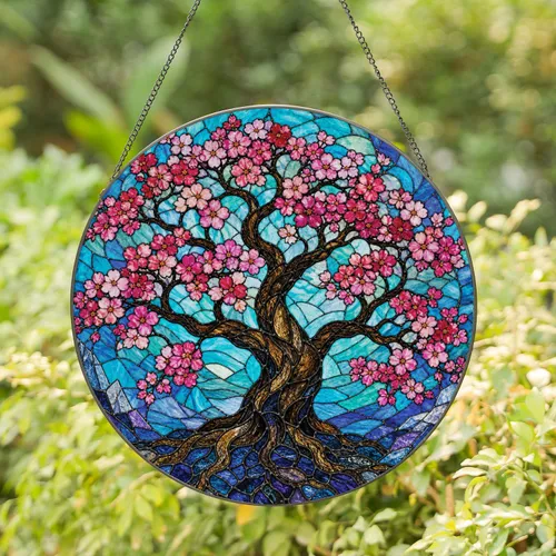 Cherry Blossom Tree Light Catching Window Hanging for Spring Home Decor and Garden Gifts Stained Glass Suncatcher